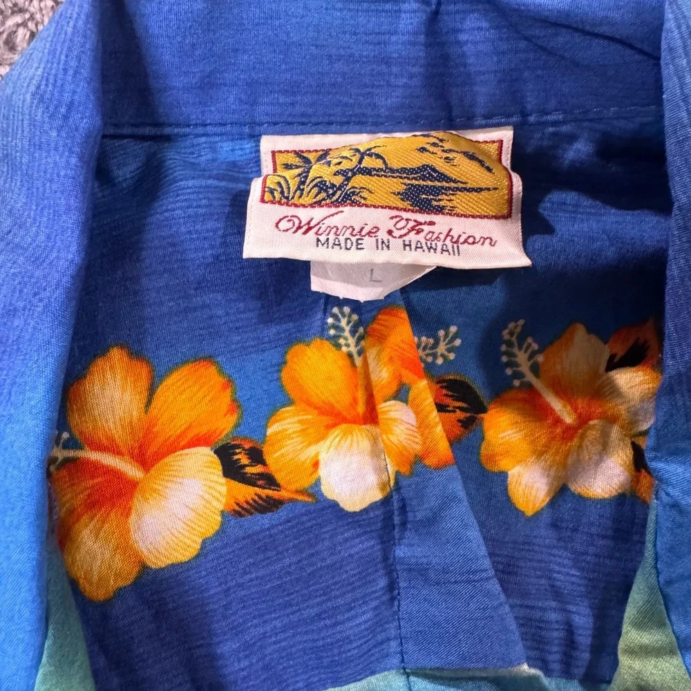 Winnie Fashion Mens L Hawaiian Shirt Blue Palm Tree Hibiscus Sunset Made Hawaii